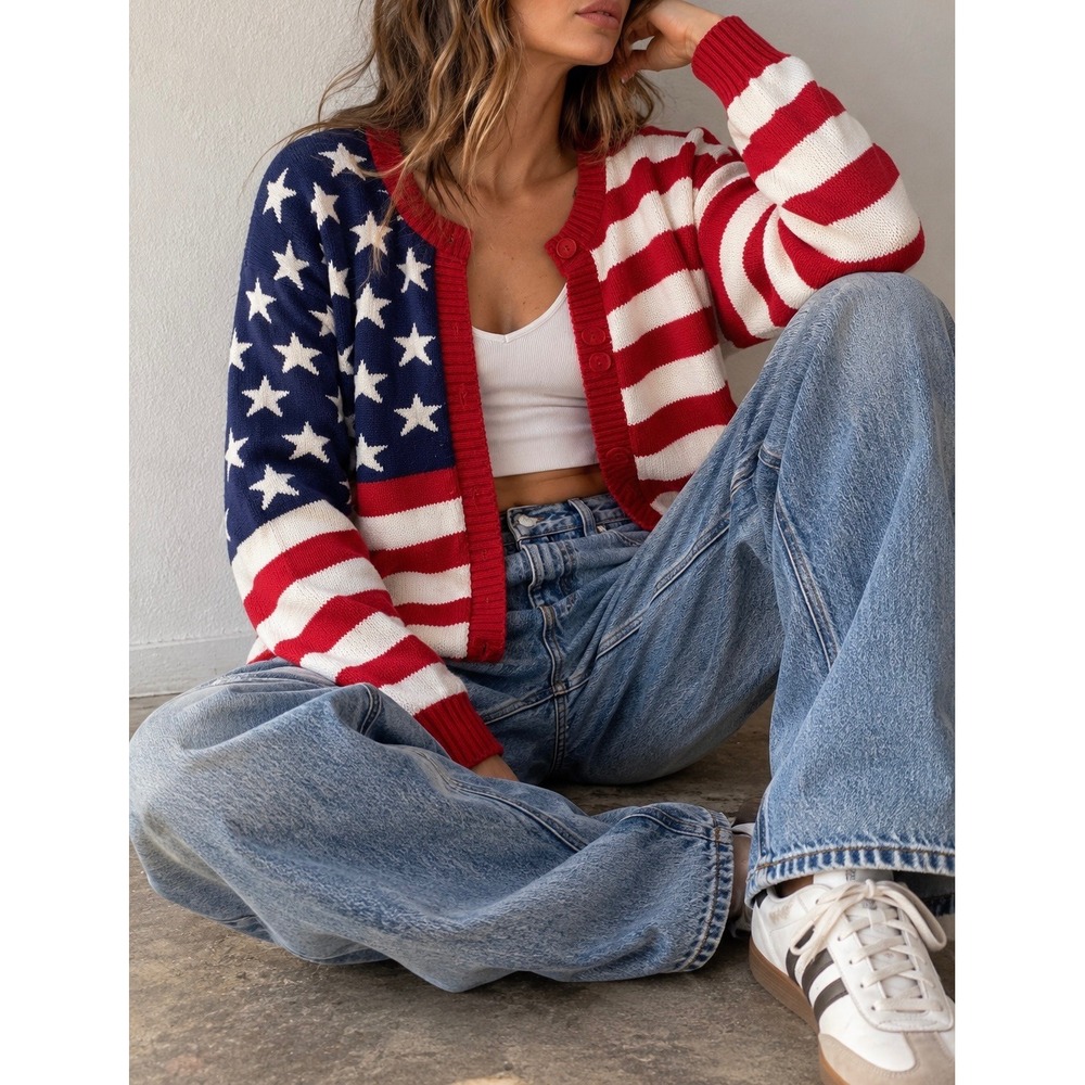 VINTAGE Y2K CHEROKEE Americana American Flag Stars & Stripes Cardigan Sweater